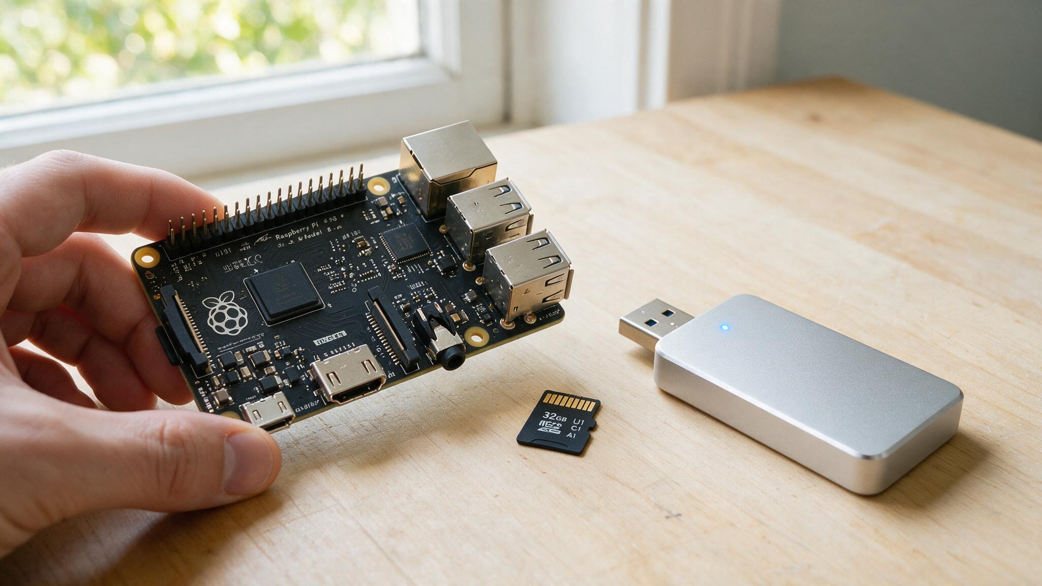 Raspberry Pi Smart Home Hub: Build a Local Home Assistant in 20 Minutes 2 Hand holding a Raspberry Pi 3B+ with a microSD card and USB SSD for smart home storage options.