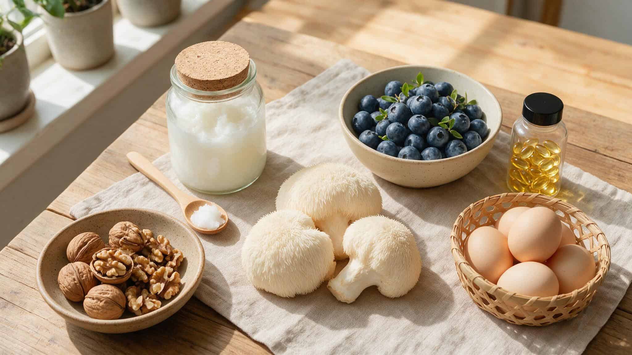 IQ Bars Review Reddit: Unfiltered Opinions on Taste, Texture, and Cognitive Benefits 5 Flat lay of six cognitive enhancer ingredients including lion's mane mushroom and blueberries.