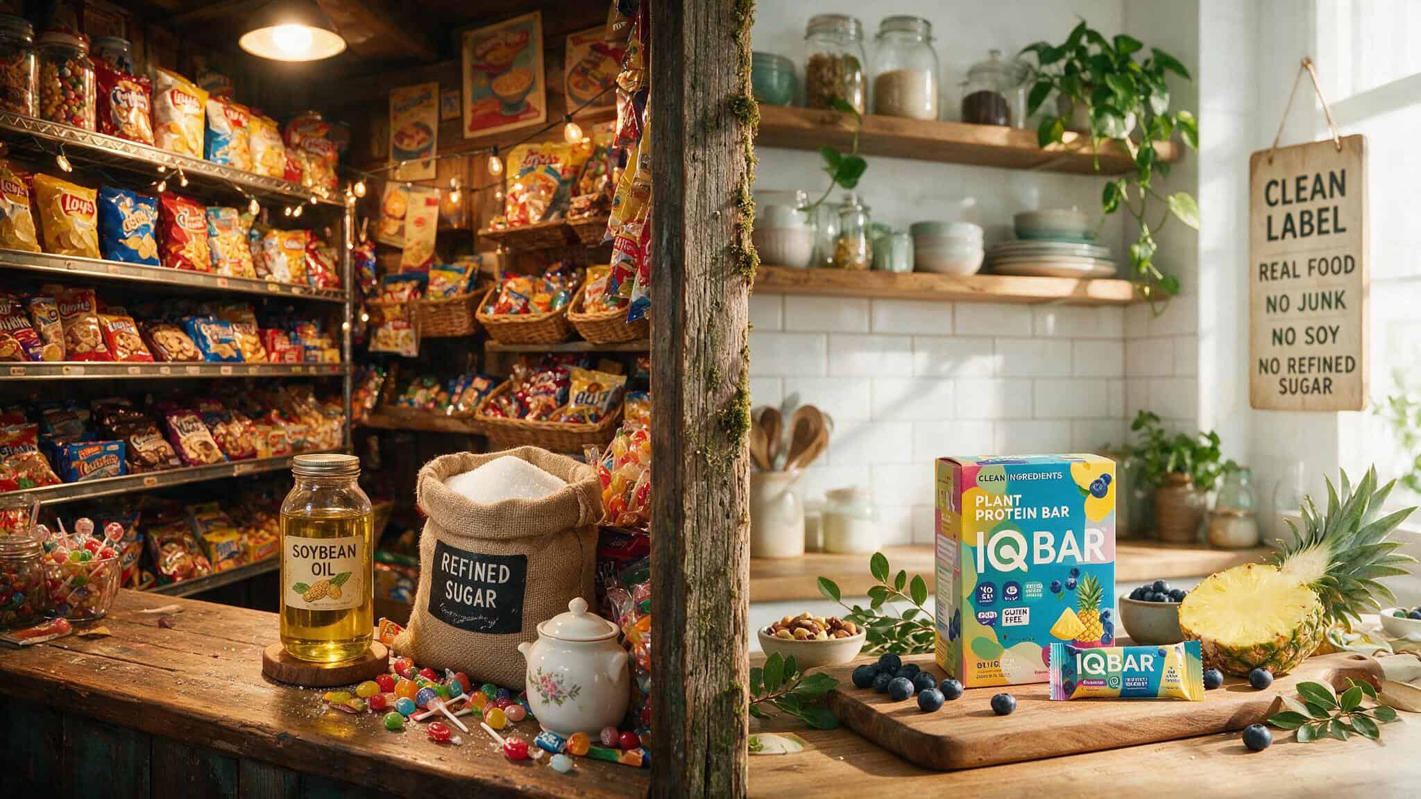 Are IQ Bars Bobby Approved? A Point-by-Point Evaluation 9 Split comparison of a conventional snack bar label versus an IQBAR label, showing ingredient quality differences.