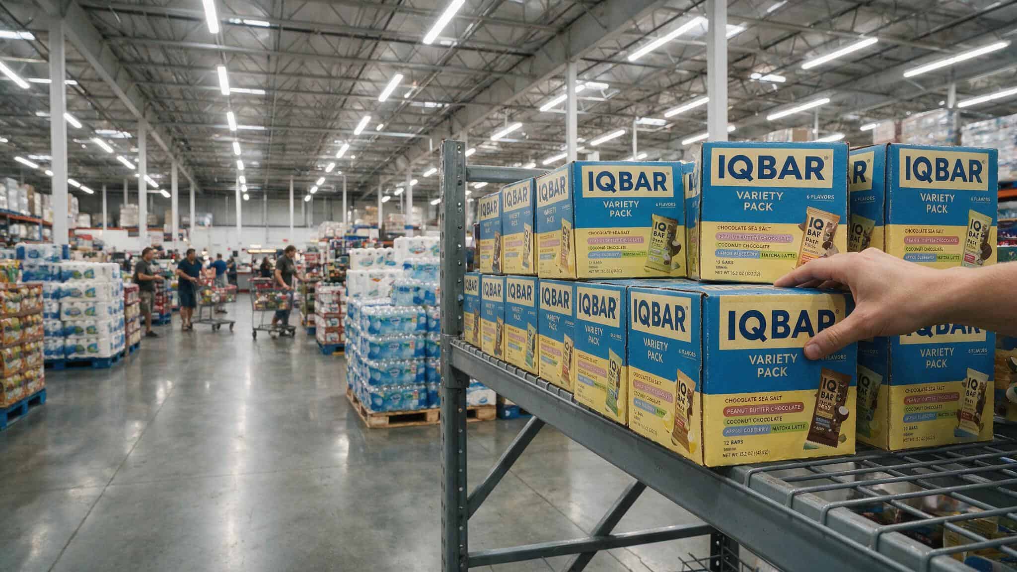 Shopper reaching for IQBAR pack on a Costco shelf, showing in-store availability at 627 locations.