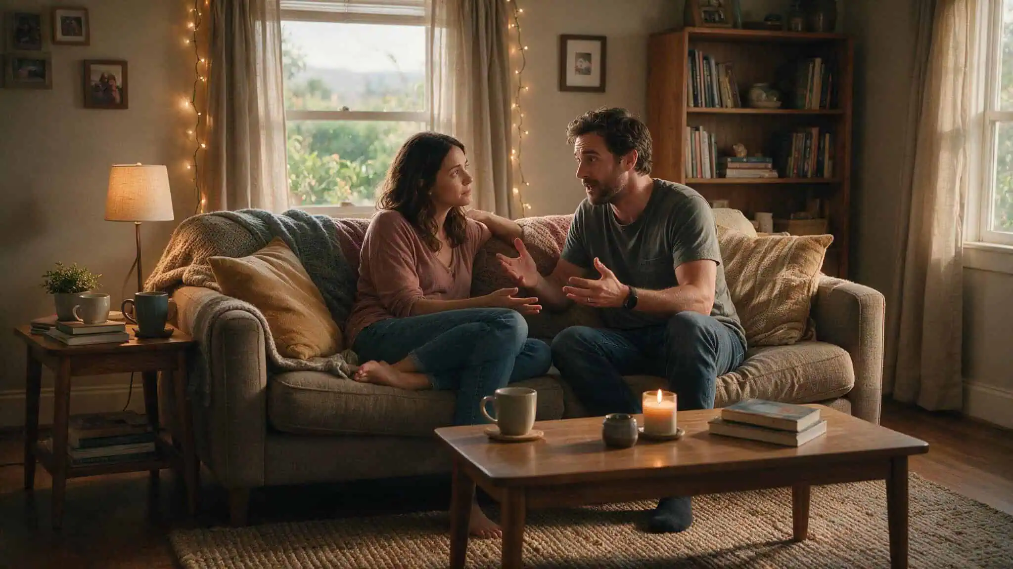 Who Is a Sissy Husband Married To? The Truth About the Spouse 3 Couple having an honest conversation on a couch, exploring change in a sissy husband dynamic.