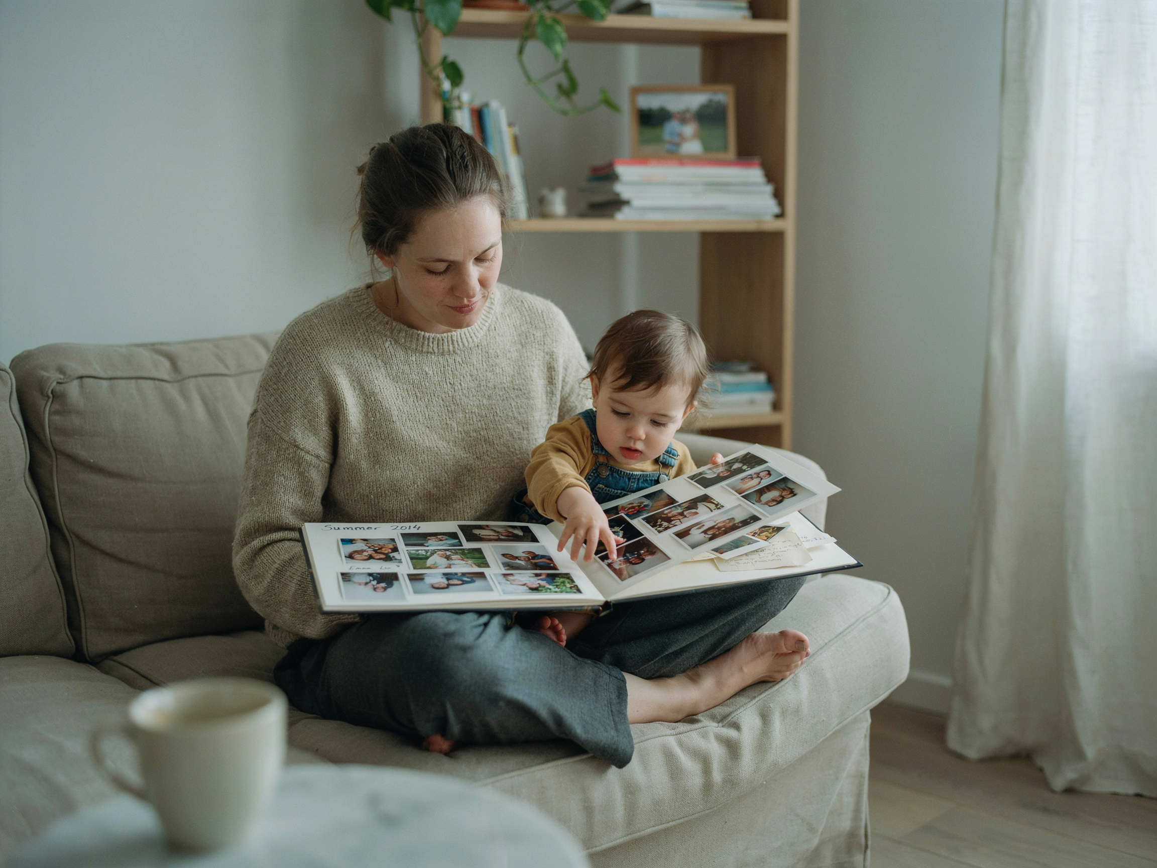 What Is the Value of Family? A Practical Guide to Defining What Matters Most 7 Young parent looking at old family photos, consciously choosing which values to keep or redesign.