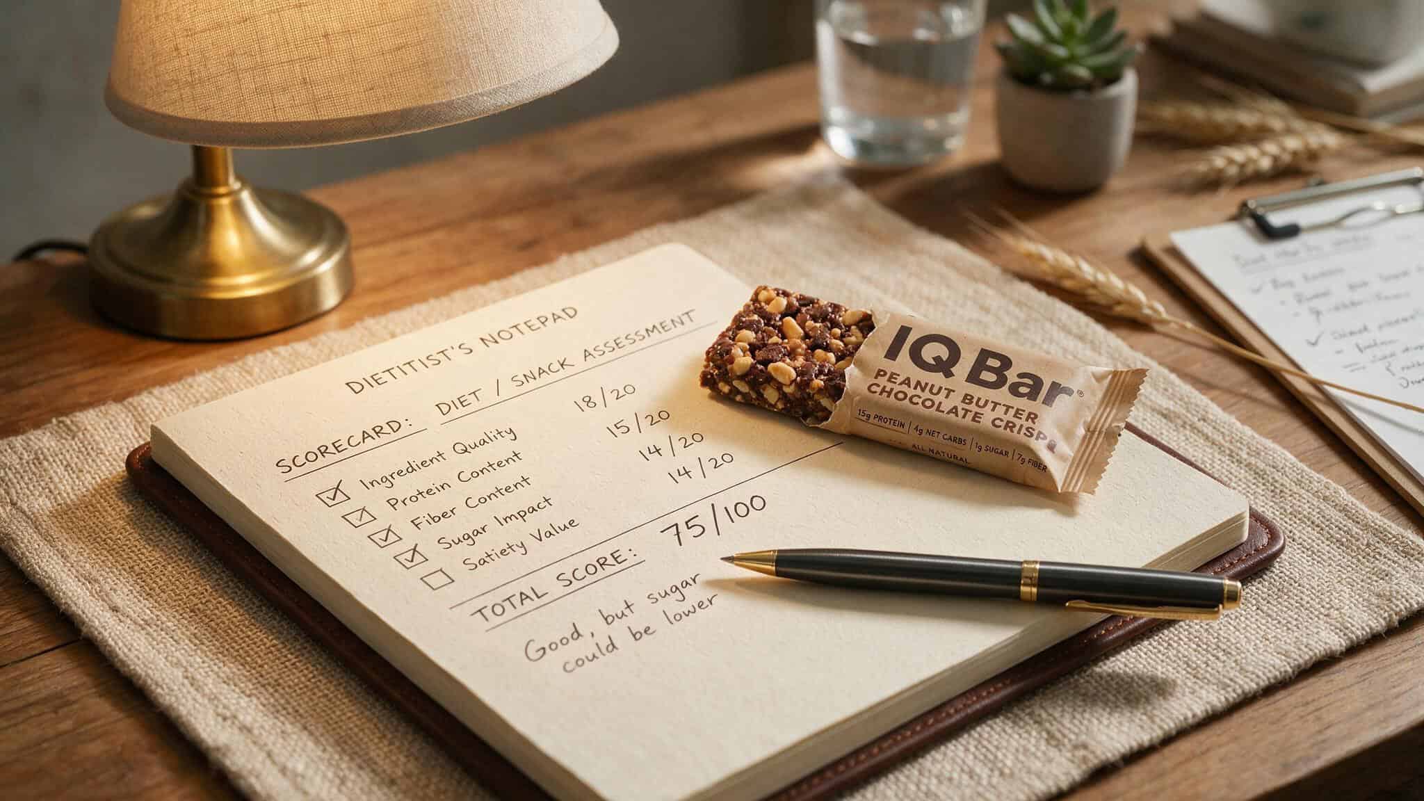 IQ Bars Review: Why the Brain-Boosting Claims Don't Match the Ingredients 10 Dietitian's notepad with 75/100 score next to an IQ Bar for final review verdict.