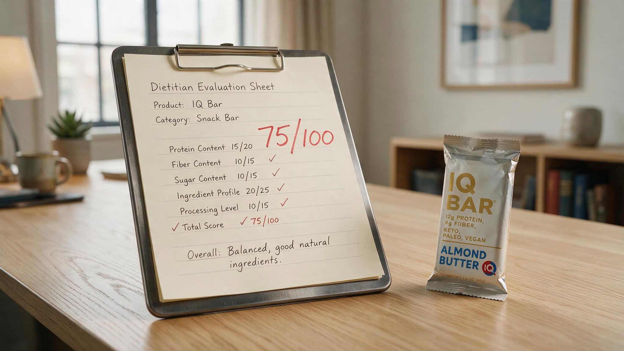 Clipboard showing dietitian score of 75/100 next to an IQ Bar.