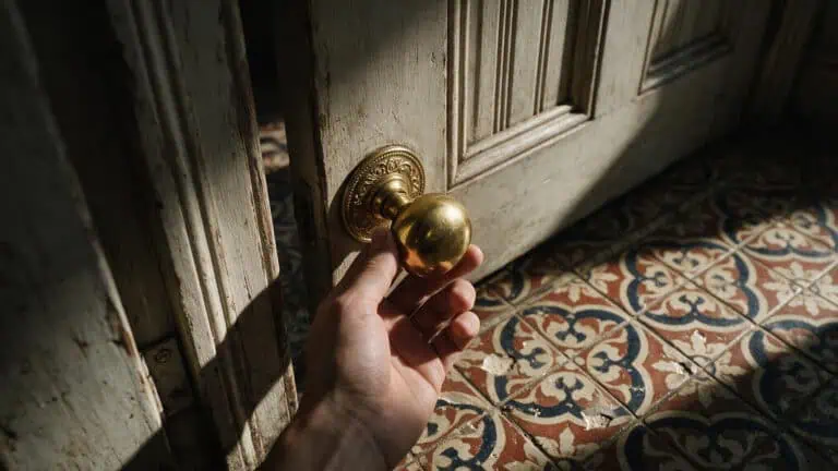 Hand holding a broken door knob near a chipped bathroom tile floor.