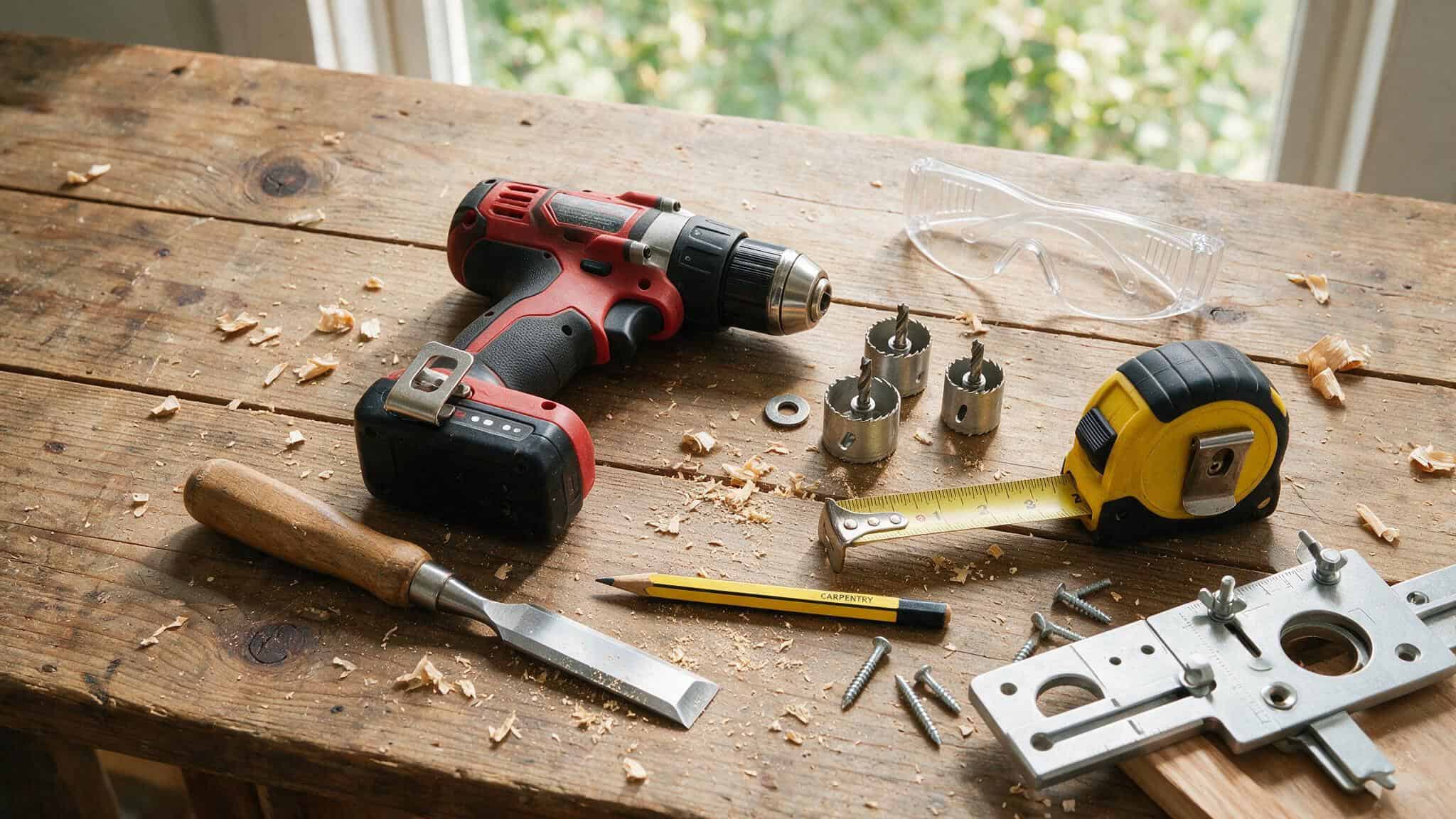 How to Install a Door Knob Without a Hole: Pro Tips from This Old House 2 Flat lay of tools needed for door knob installation including drill, hole saws, chisel, and jig.