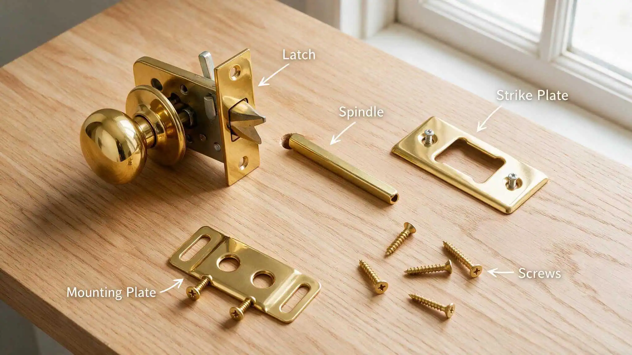 Door Knob Installation Diagram: Step-by-Step Guide with Parts Labeled 2 Flat lay of door knob parts including latch, spindle, strike plate, and screws with labels.