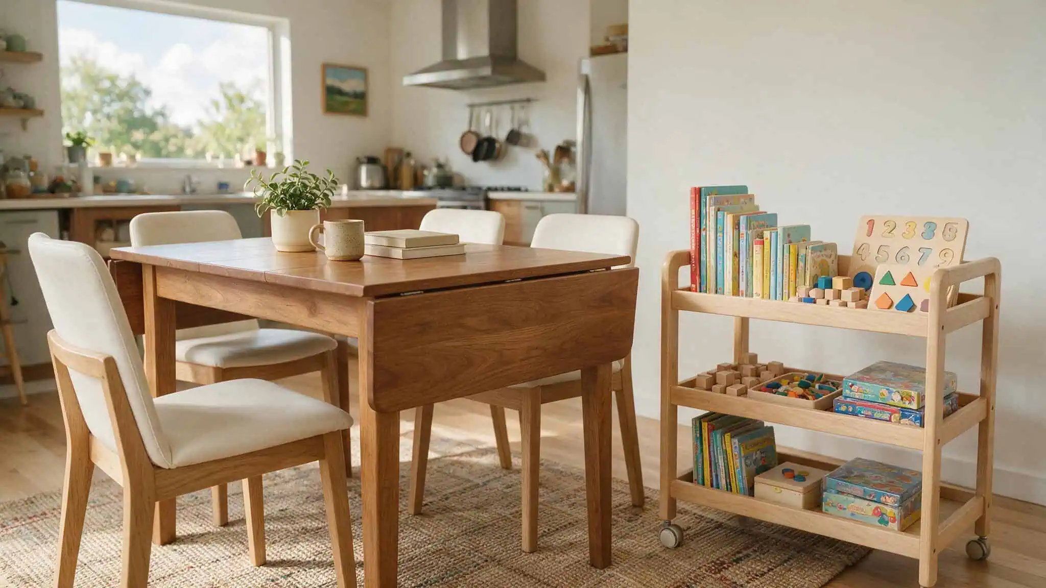 Real Homeschool Room Ideas: Photos of Eclectic Spaces That Actually Work 2 Drop-leaf dining table as homeschool command center with kid's cart of supplies.