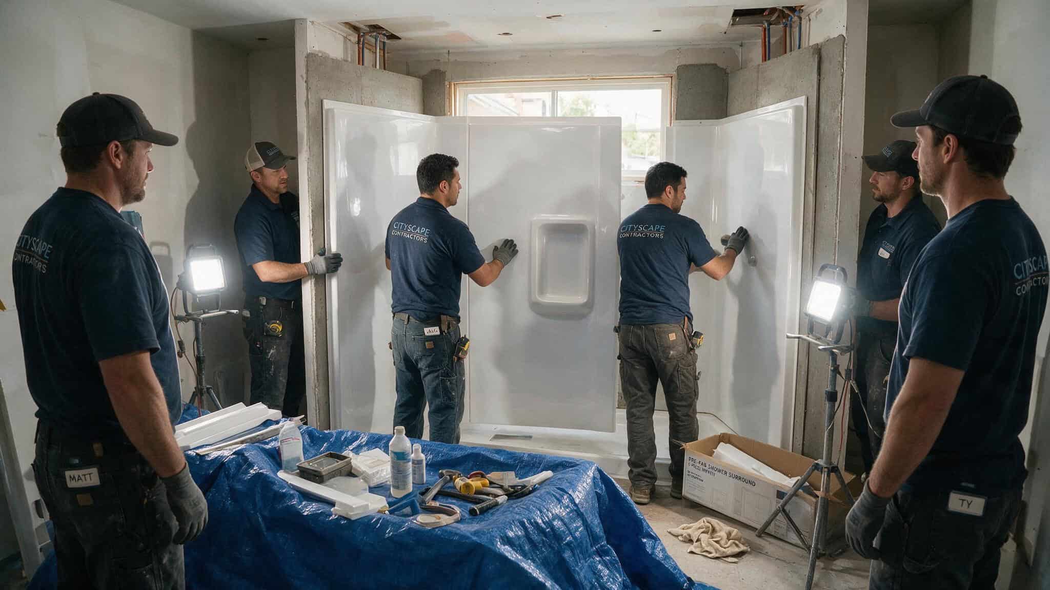 Can a Bathroom Be Remodeled in a Week? The Must-Haves and the Pitfalls That Blow the Schedule 3 Employee team installing a prefab shower surround during a structured one-week bathroom remodel