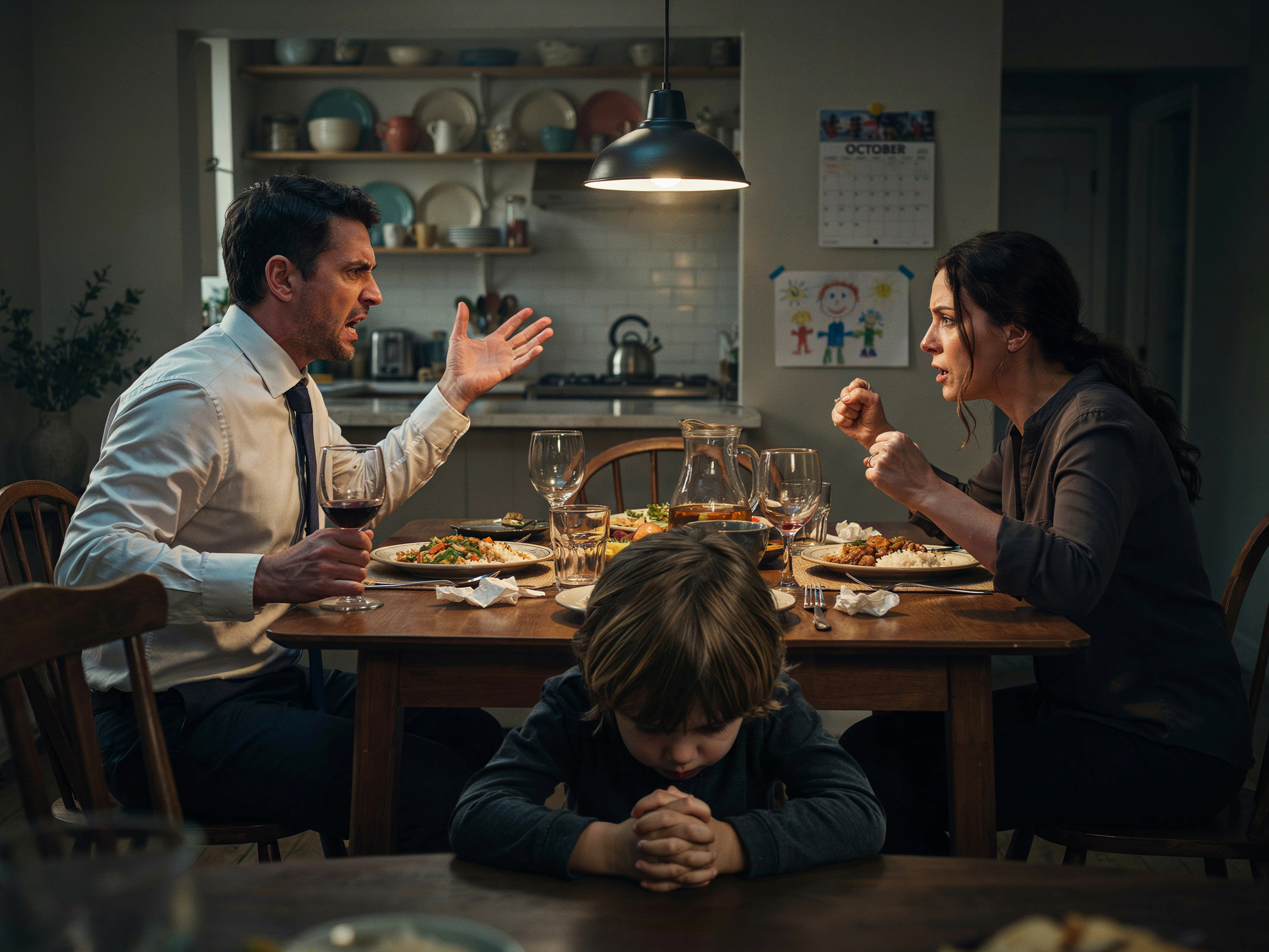 What Is the Value of Family in Sociology? A Data-Driven Look at How Families Transmit Values 7 Family arguing at dinner table while child looks upset, illustrating how conflict hinders value transmission.
