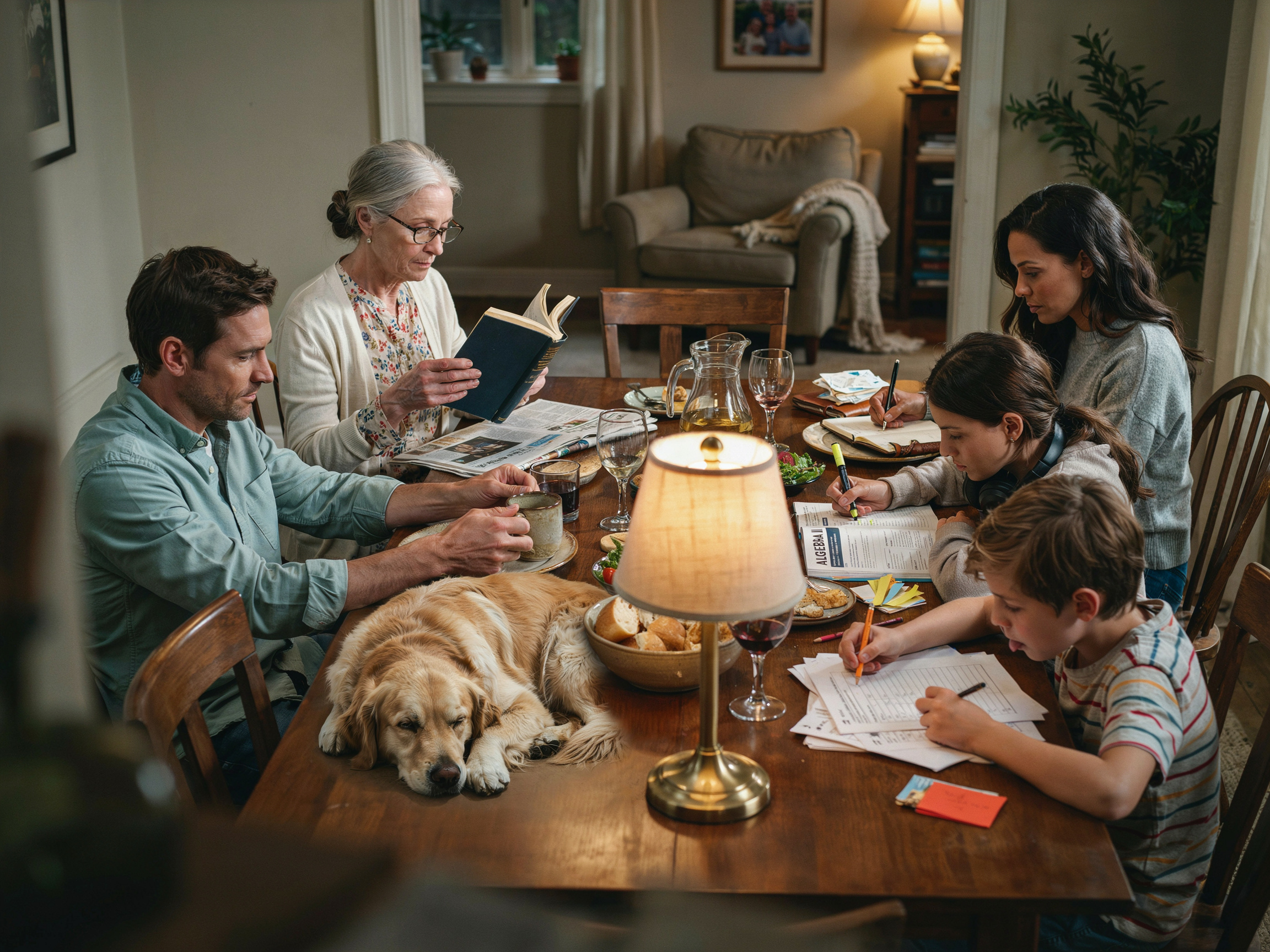 10 Family Values That Actually Stick: A Curated List With Age-Specific Tips 7 Family sitting at dining table doing homework and reading, a shared responsibility ritual.