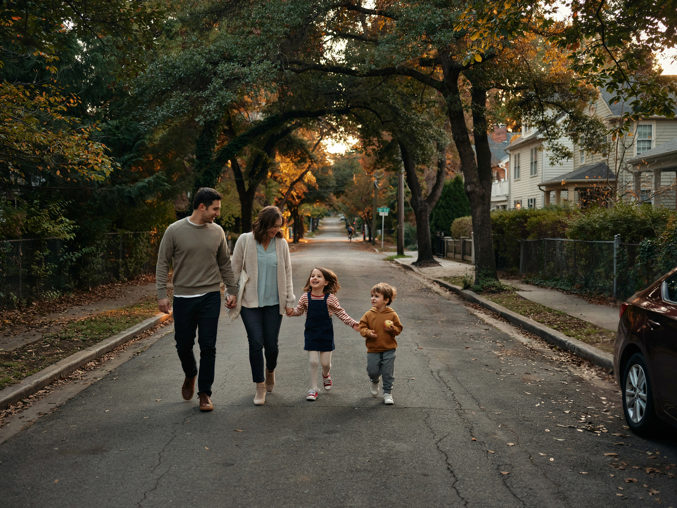 25 Family Values Examples: Specific Behaviors and SMART Goals You Can Start Tonight 7 Family walking together at dusk on a tree-lined street, practicing well-being and family time