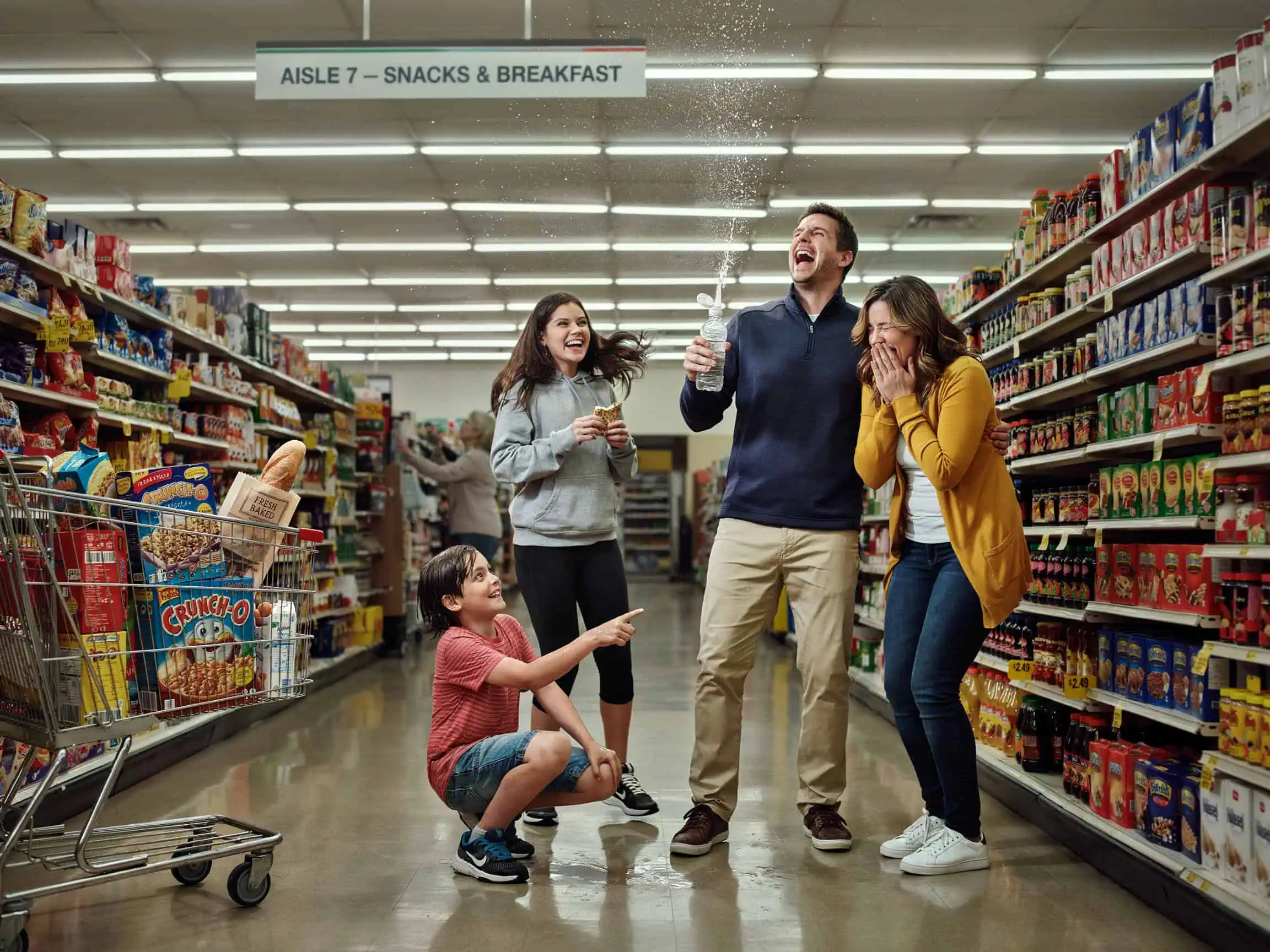 How to Teach Family Values to Kids: A 3-Step Plan That Actually Works 8 Family laughing together at a supermarket mishap creating shared memory