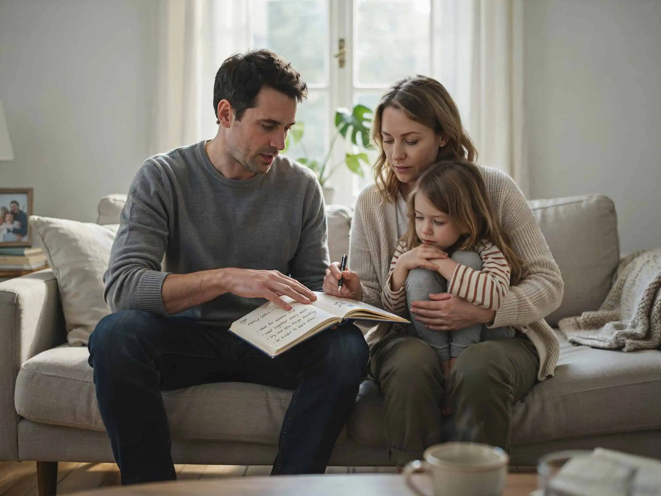 5 Most Important Family Values (Backed by Research, Not Opinion) 9 Family conducting annual values check-in with journal and goal review, adapting over time
