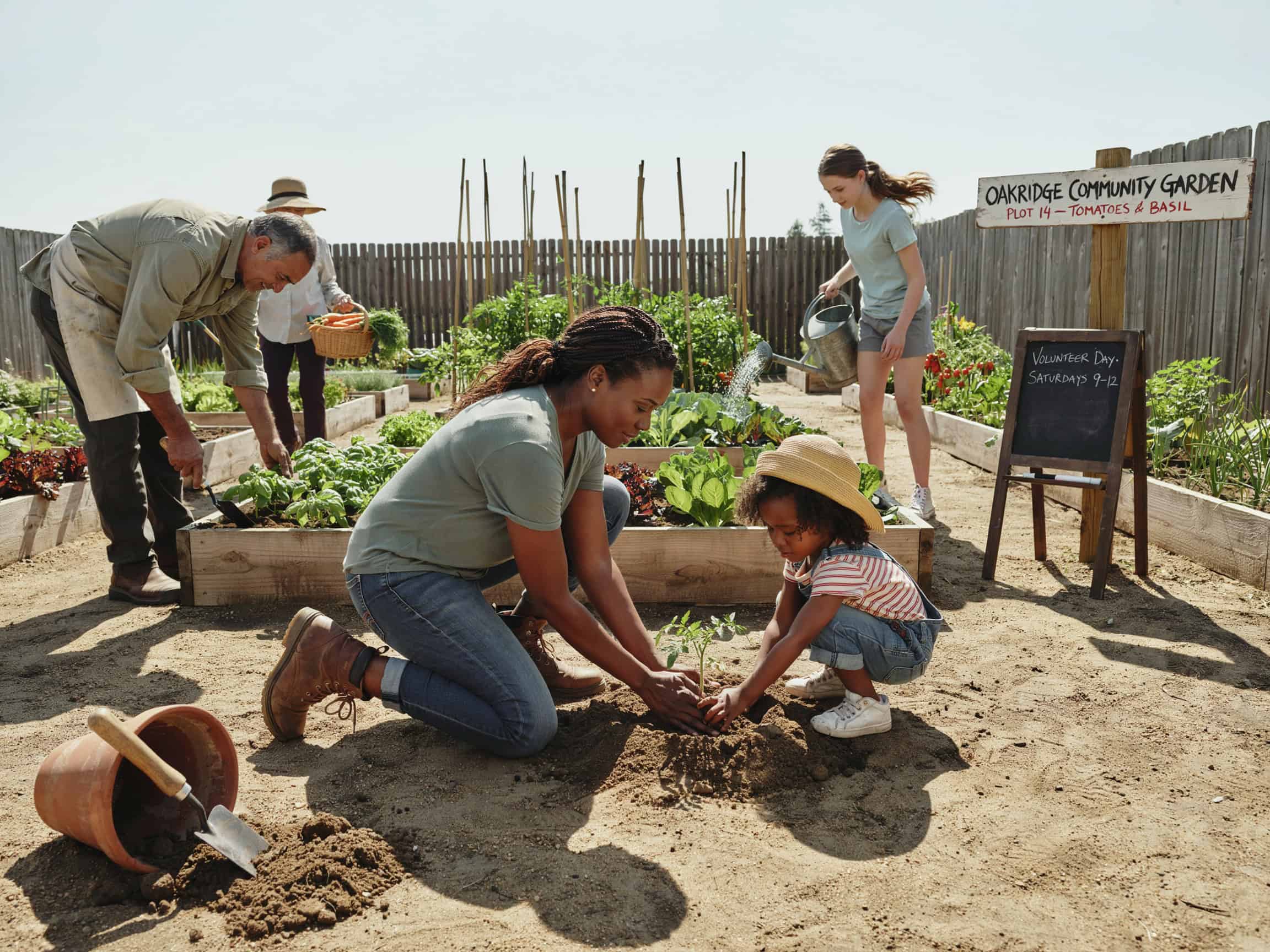 10 Family Values That Actually Stick: A Curated List With Age-Specific Tips 5 Family planting vegetables in community garden, teaching empathy through volunteering together.