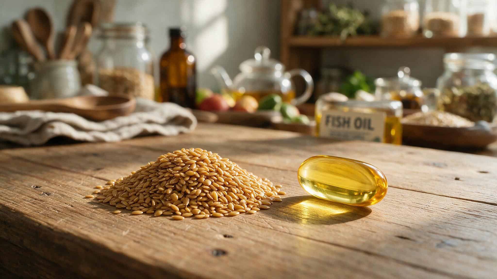IQ Bars Review: Why the Brain-Boosting Claims Don't Match the Ingredients 4 Flaxseeds and fish oil capsule comparing plant and animal omega-3 sources for brain health.
