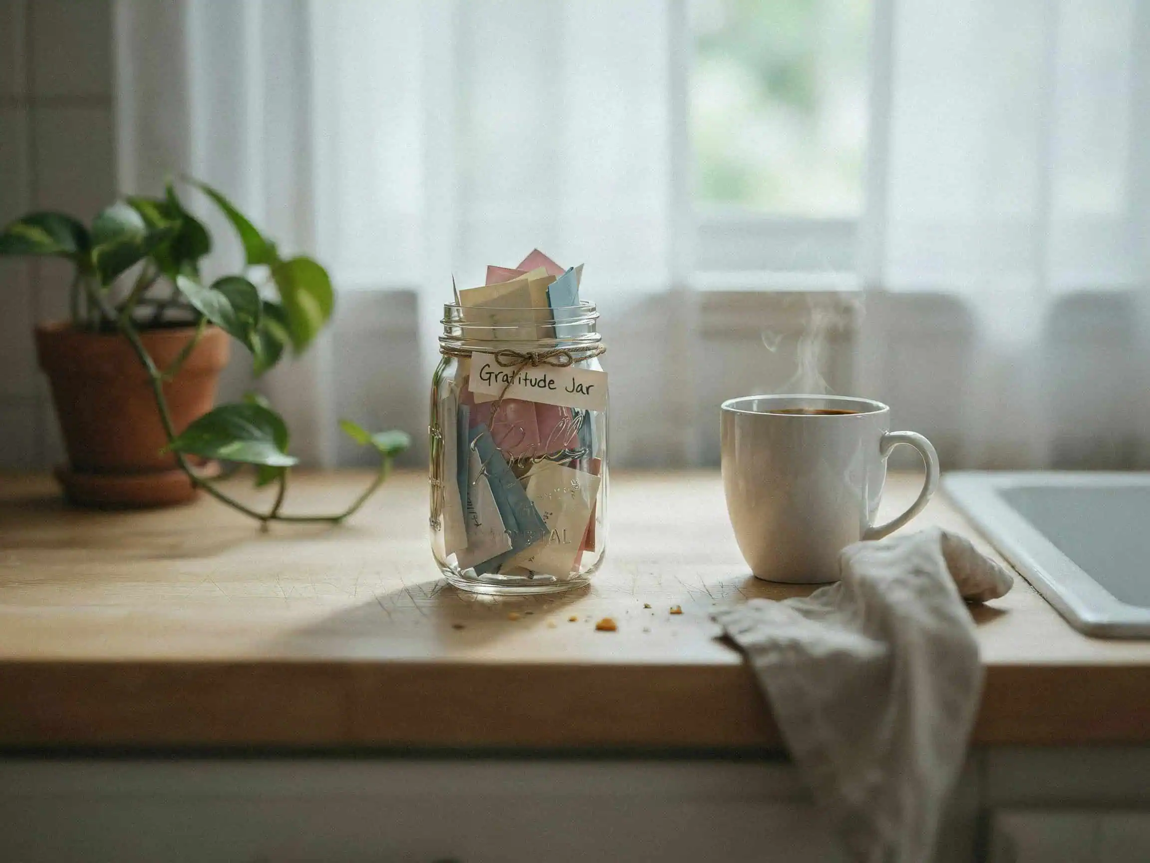 25 Family Values Examples: Specific Behaviors and SMART Goals You Can Start Tonight 8 Glass gratitude jar filled with paper notes on a kitchen counter for family gratitude practice