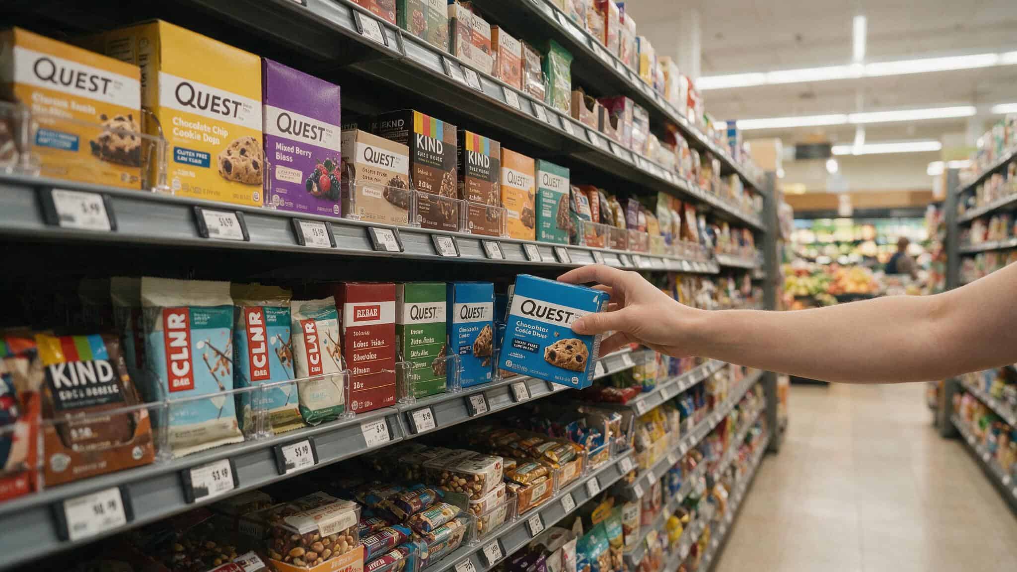 Healthiest Protein Bar Brands of 2026: Dietitian-Ranked with Clean Scores 8 Hand reaching for a protein bar box on a grocery store shelf among many options.