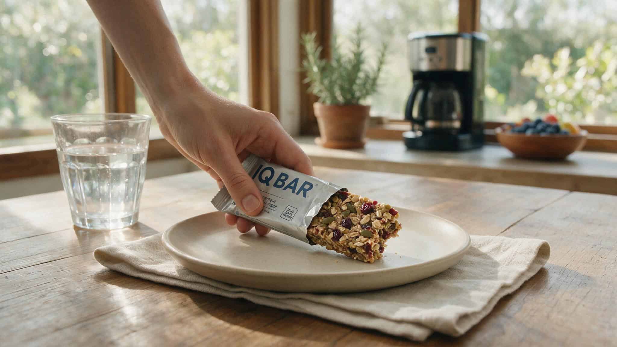 IQ Bars Review: Why the Brain-Boosting Claims Don't Match the Ingredients 7 Half-eaten IQ Bar on a plate with water, testing digestive tolerance to allulose.