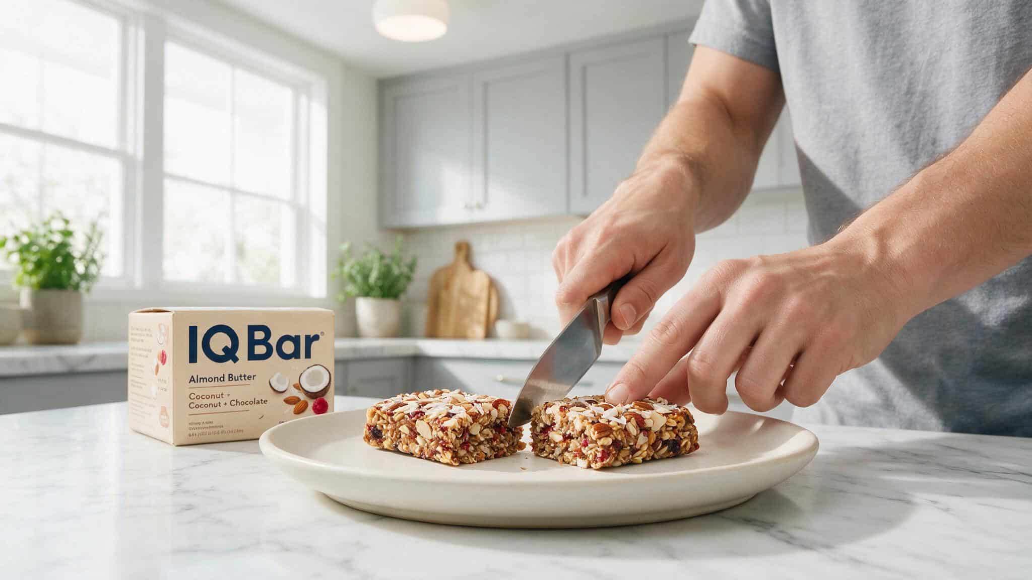 Half an IQ Bar on a plate, suggesting starting with half to avoid digestive issues.