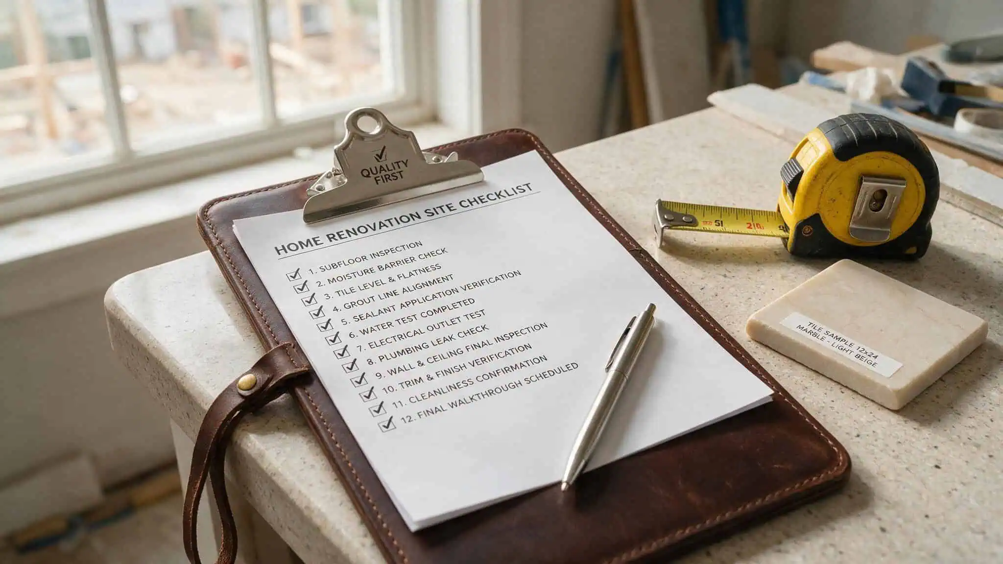 How Long Does a Bathroom Remodel Take to Start? The 4-Week Minimum 2 Contractor's clipboard with checklist, tape measure, and tile sample for bathroom remodel preparation.