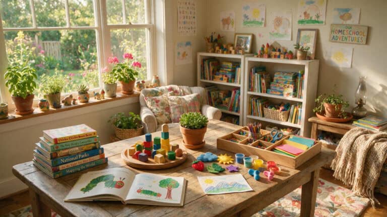 Eclectic homeschool setup blending textbooks with hands-on learning materials