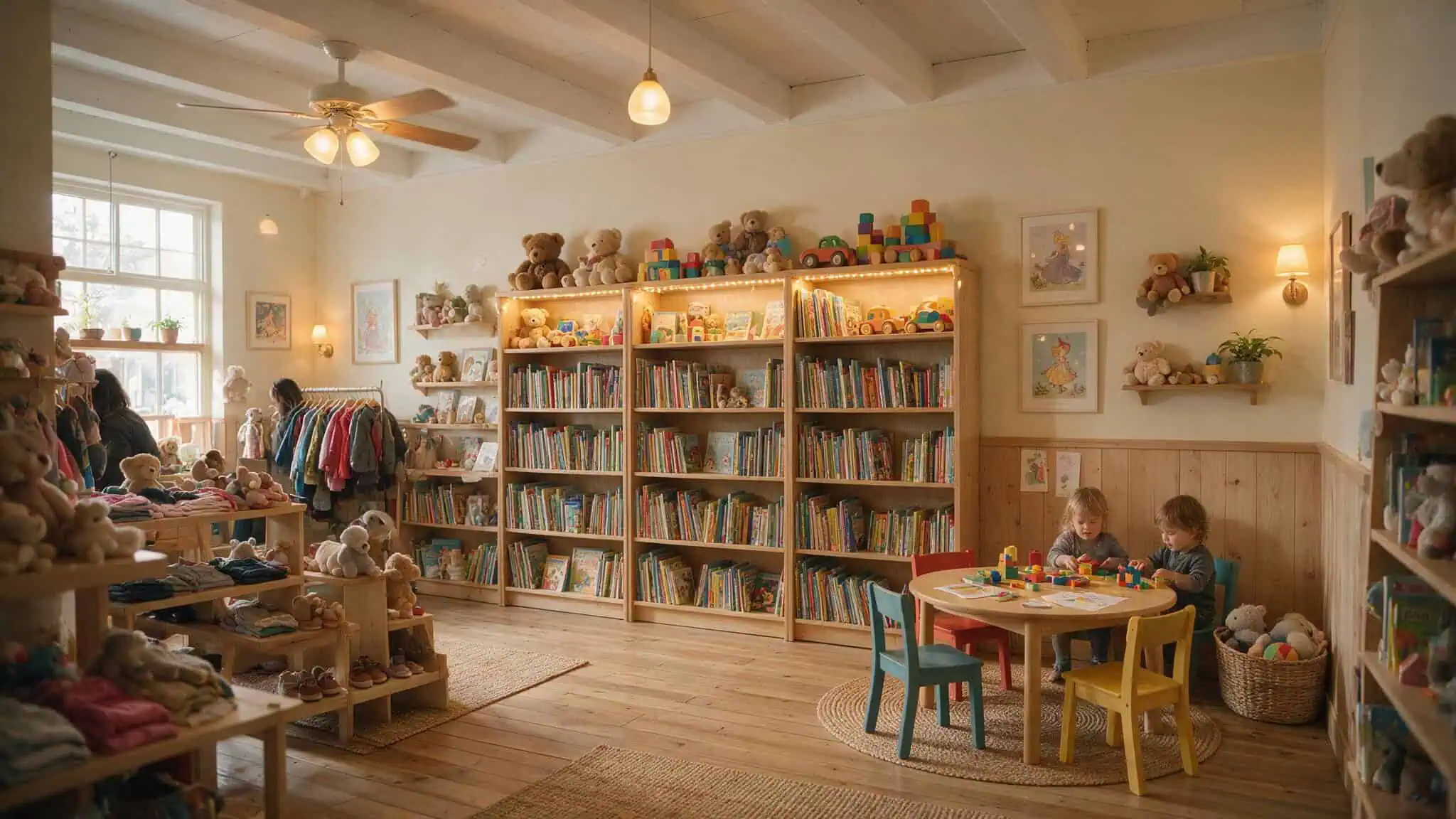 Inside a homeschool consignment store with bookshelves and a children's play area, highlighting local shopping benefits.