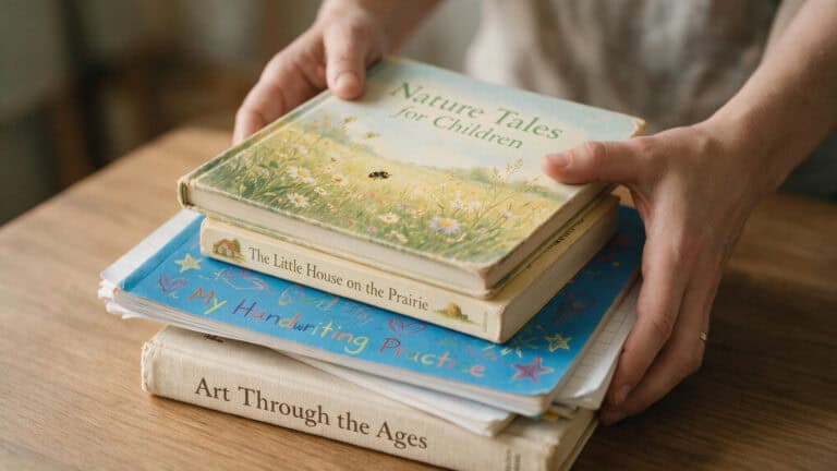 Stack of used homeschool curriculum books on a table, representing budget-friendly library building.