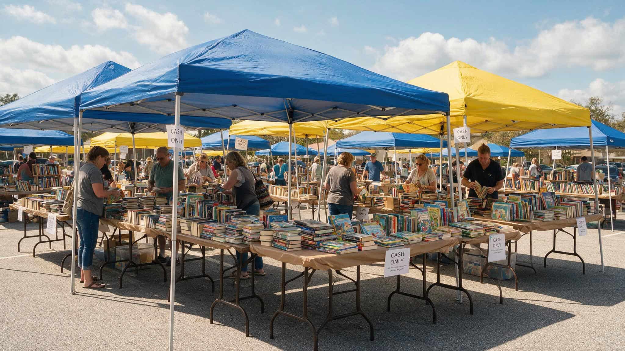 Outdoor homeschool curriculum resale event with tables of used books and parents shopping, illustrating annual treasure map events.
