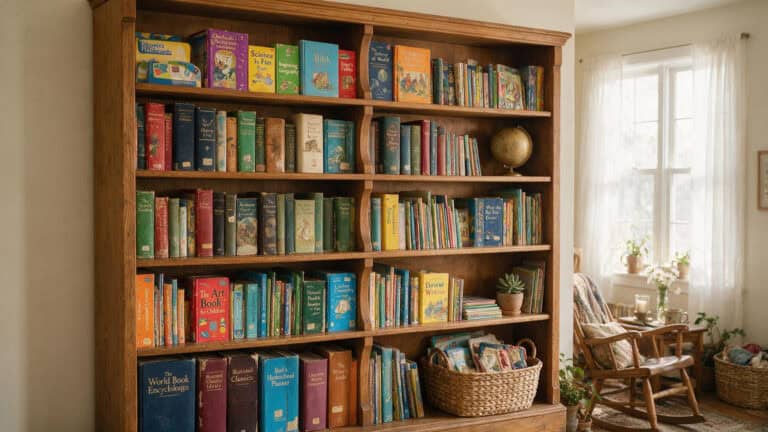 Mixed used homeschool curricula on a shelf, representing eclectic curriculum blending.