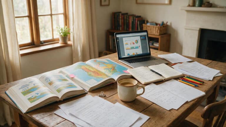 Real homeschool dining table with books, laptop, and coffee mug in natural light.