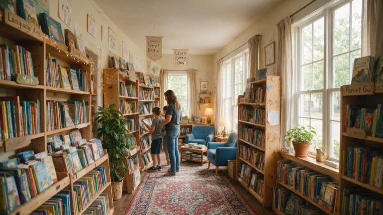 Parent and child browsing curriculum books in a cozy homeschool bookstore interior.