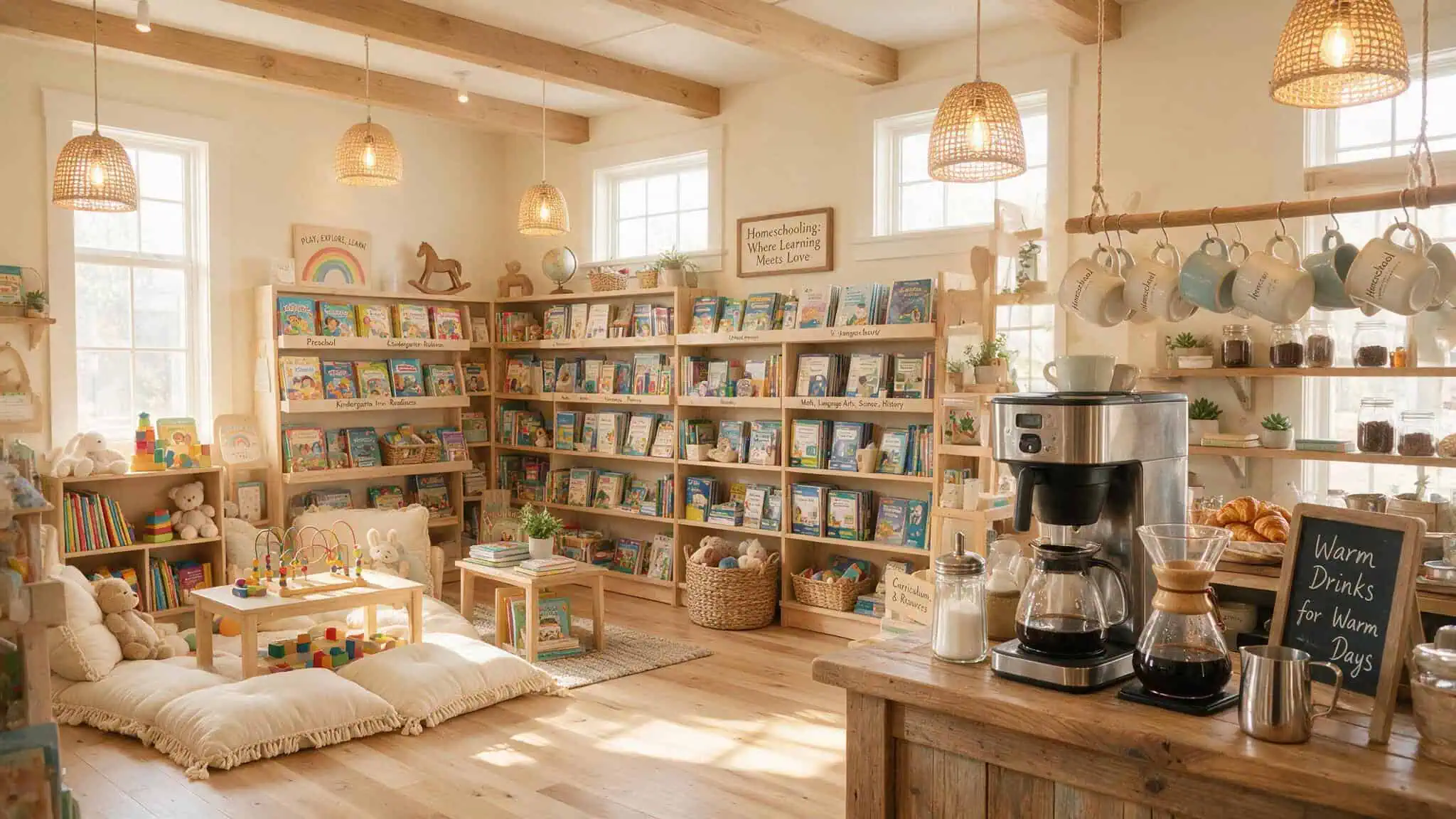 Homeschool Store Near Me: How to Find a Local Store That Guarantees Used Curriculum 3 Bright homeschool store interior with children's play area and coffee bar in background.