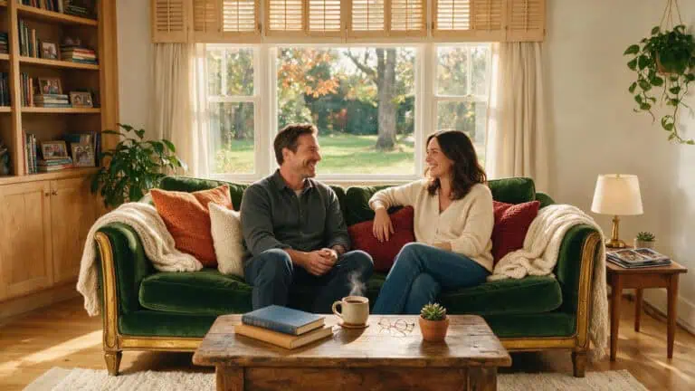 Married couple having an open, trusting conversation on a couch at home, illustrating hotwifing consent.