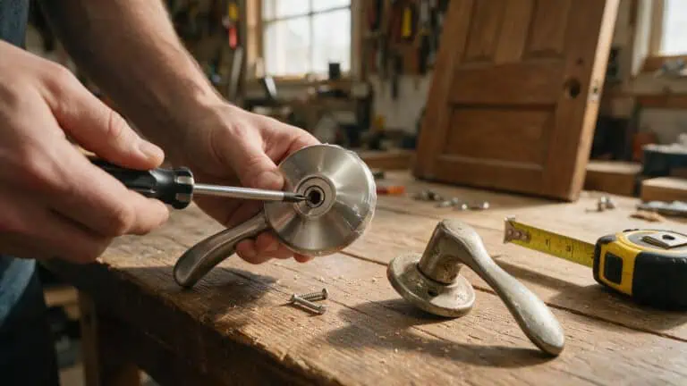 Hands with screwdriver and new door handle, tape measure and old handle on table.