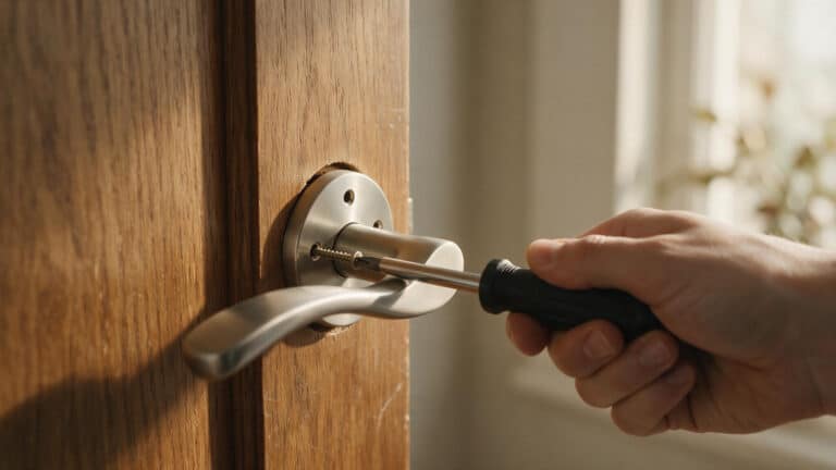 Installing a door knob with rose plate on a wooden door using a screwdriver.