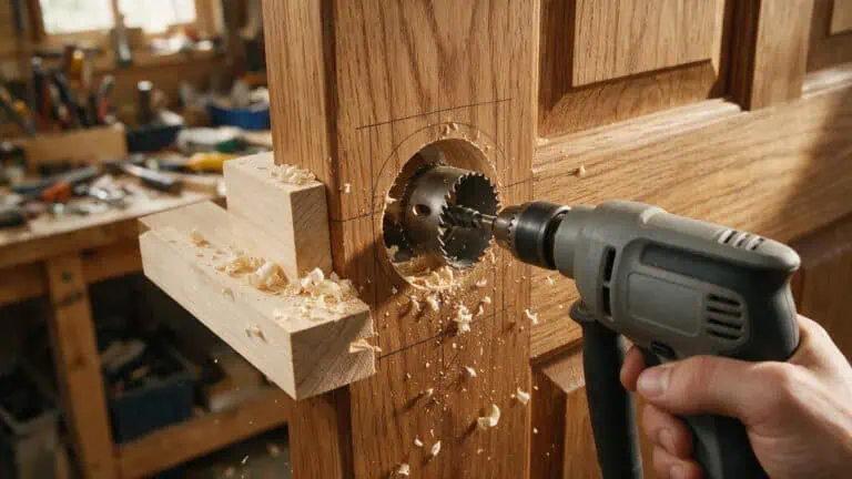 Hand drilling a door for lock installation, showing the process and tools needed.