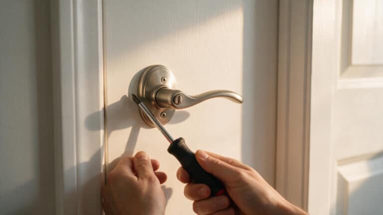 Parent installing a privacy lever door handle with a screwdriver on a white interior door.
