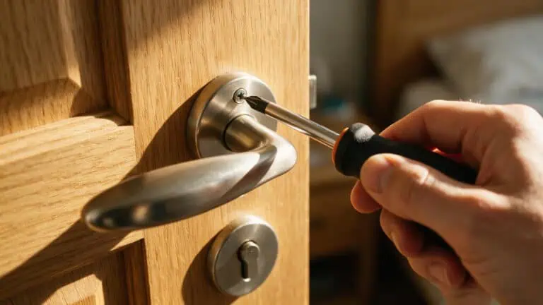 Parent tightening a screw on a wobbly bedroom door handle with a screwdriver.