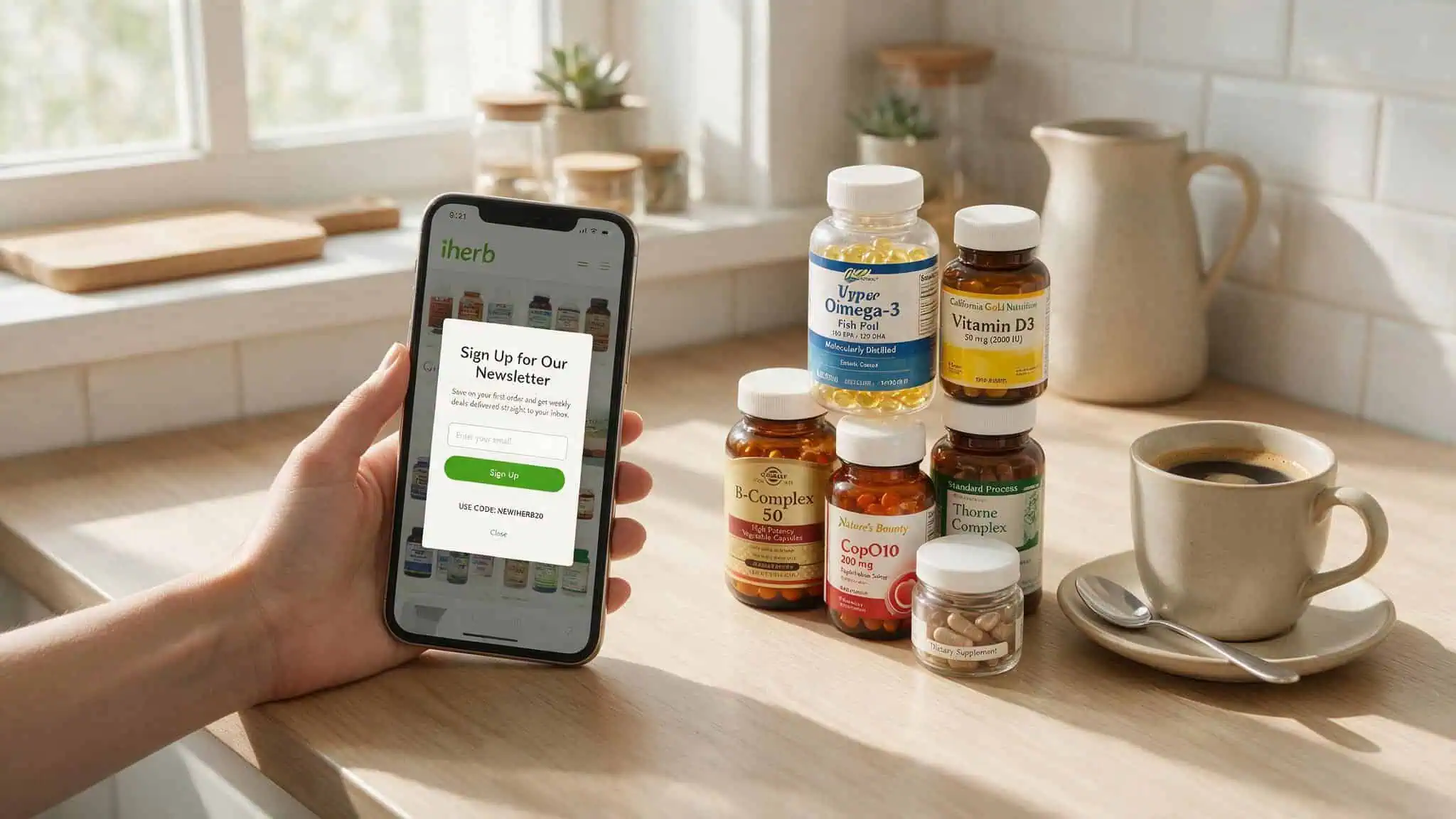 Signing up for iHerb newsletter for 20 percent off first order as alternative to VCWELCOME30 code