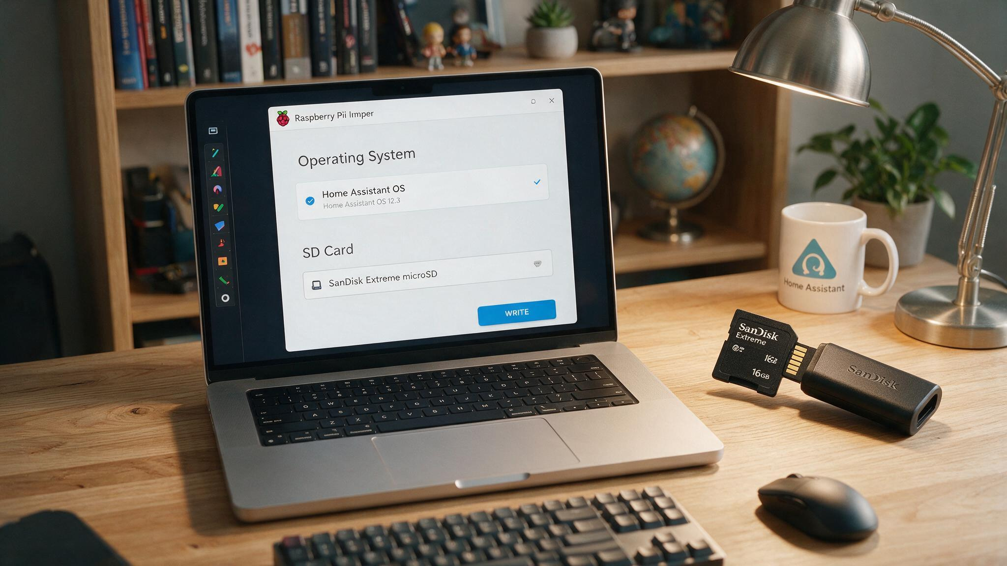 Raspberry Pi Smart Home Hub: Build a Local Home Assistant in 20 Minutes 3 Laptop displaying Raspberry Pi Imager with Home Assistant OS selected, microSD card reader beside it.