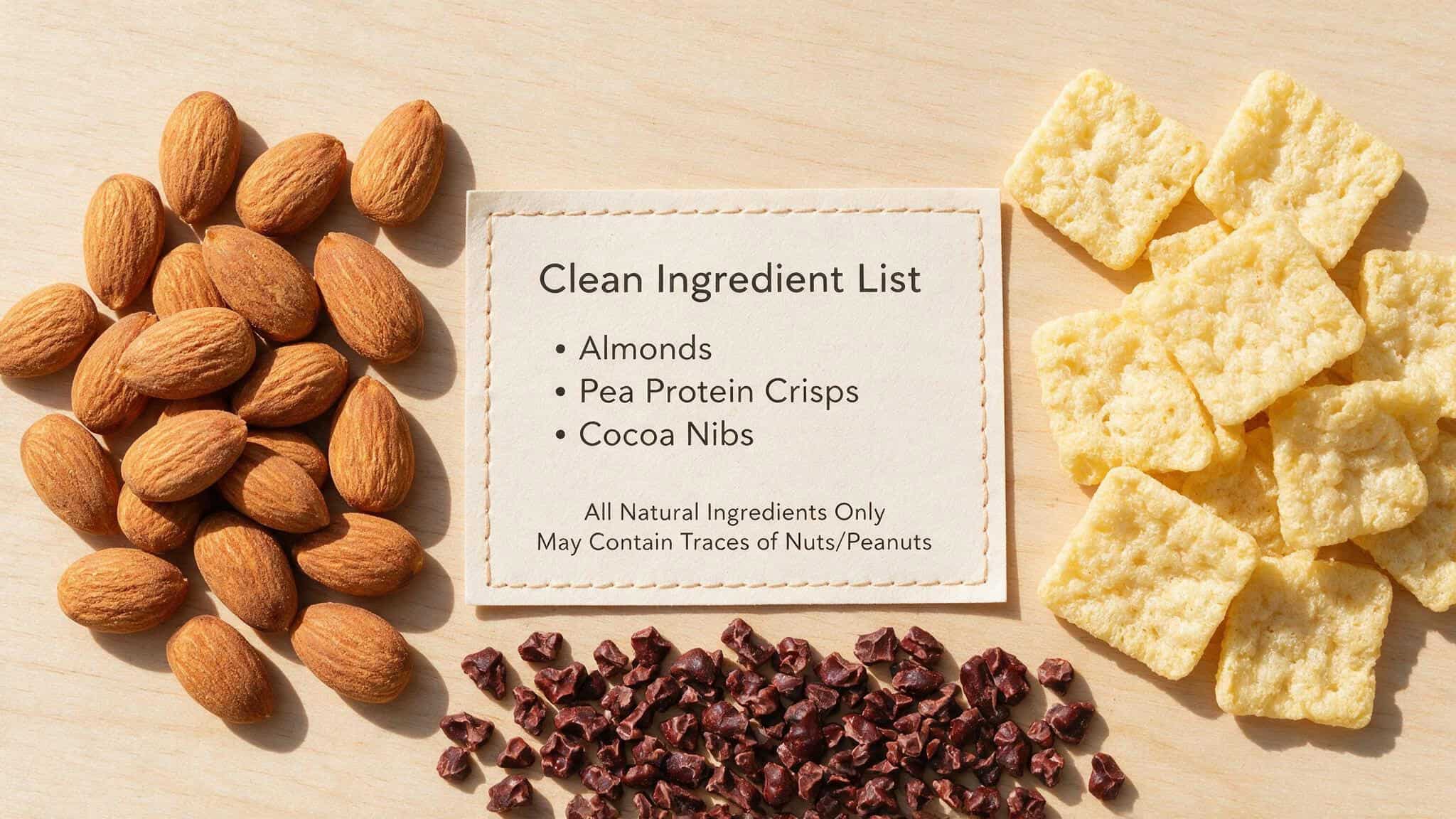 IQ Bars Review: Why the Brain-Boosting Claims Don't Match the Ingredients 3 IQ Bar ingredient list with almonds and pea protein crisps in flat lay arrangement.