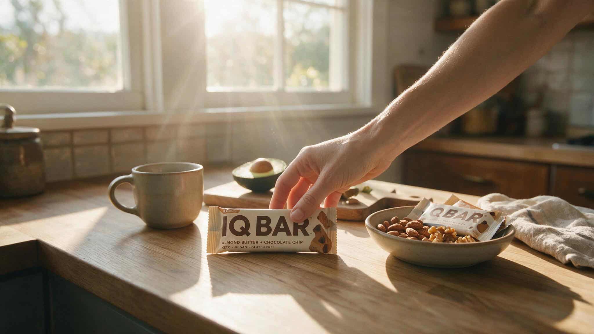 IQ Bars Review: Why the Brain-Boosting Claims Don't Match the Ingredients 9 Person reaching for an IQ Bar on a kitchen counter in morning light for everyday snacking.