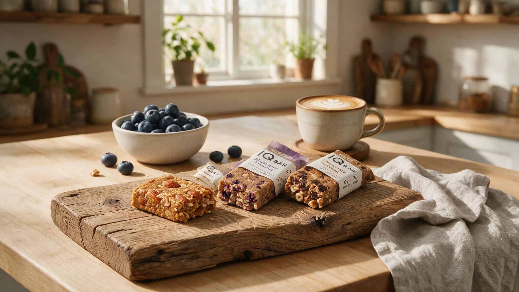 Are IQ Bars Safe to Eat Every Day? A Dietitian's 75/100 Score and the Truth About Brain Nutrients 6 Three IQ Bar flavors on a wooden board with blueberries and coffee, showing dietary variety.