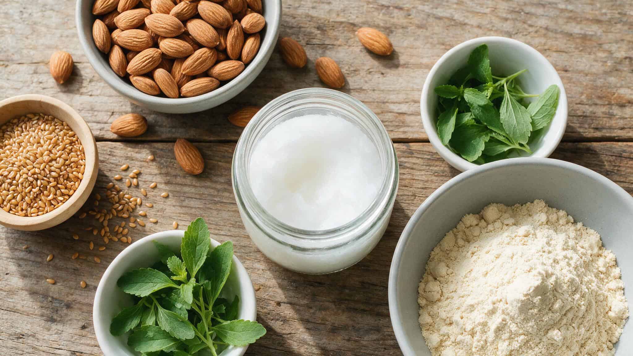 IQ Bar Yuka Score: Why It Scores 51/100 and 75/100 by Flavor 4 Flat lay of IQ Bar ingredients including almonds, flaxseeds, coconut oil, pea protein, and stevia leaves.