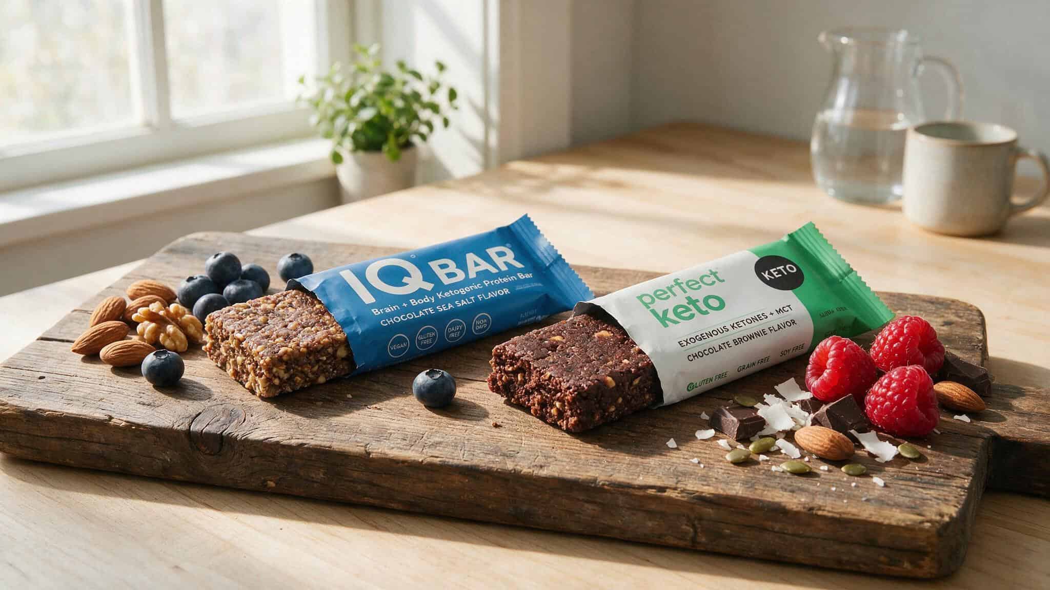 IQ Bars Review: Why the Brain-Boosting Claims Don't Match the Ingredients 8 IQ Bar and Perfect Keto bar side by side for comparison in keto snack review.