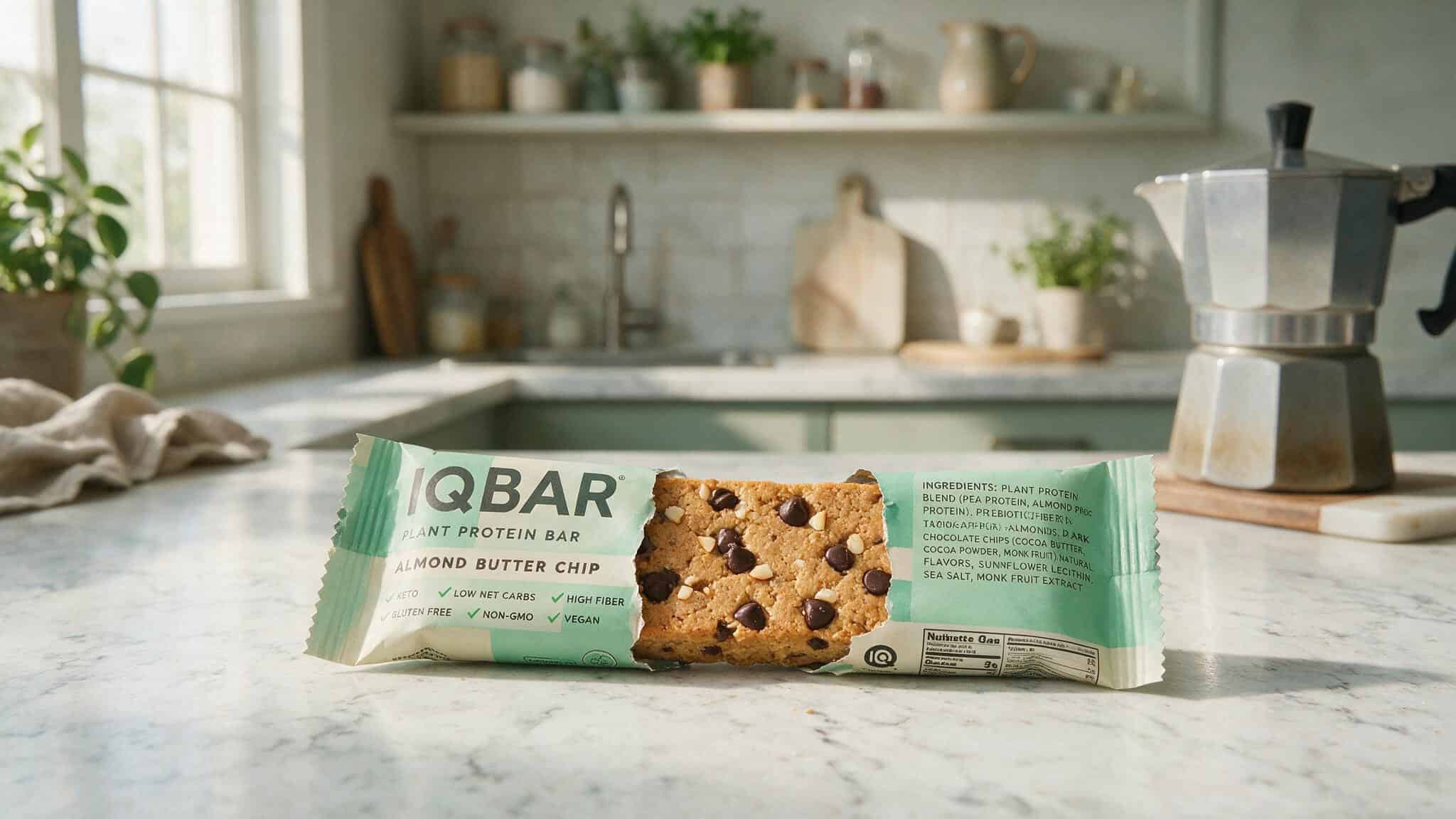 IQ Bars Review for Weight Loss: Low Sugar, High Fiber, 75/100 Dietitian Score 3 Almond Butter Chip IQBAR with ingredients list, showing no seed oils and no added sugar.