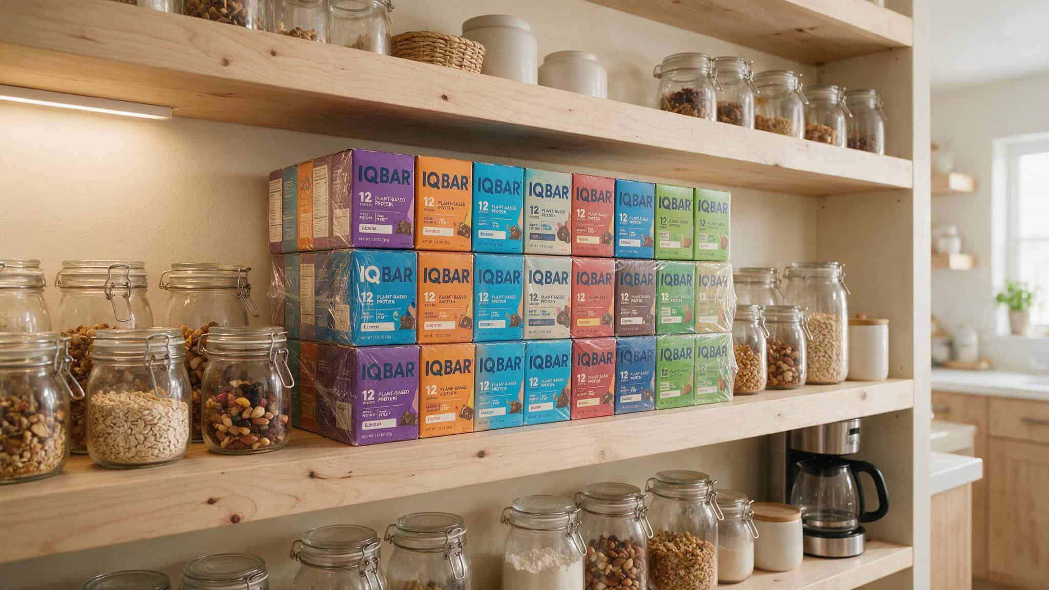 IQ Bars Review for Weight Loss: Low Sugar, High Fiber, 75/100 Dietitian Score 8 Stack of IQBAR boxes in a pantry, showing bulk ordering value and 12-month shelf life.