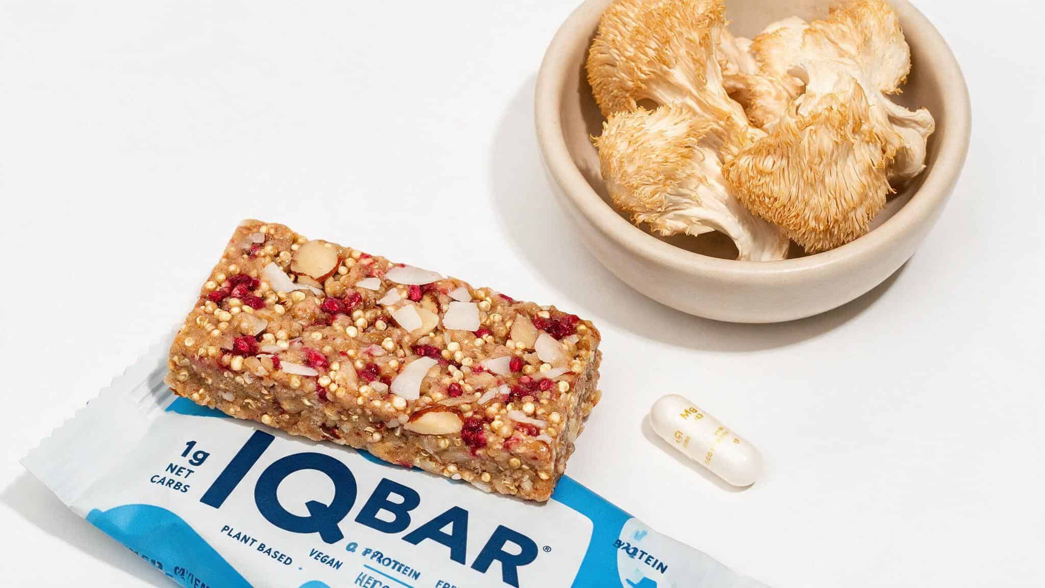 IQBAR next to lion's mane mushroom and magnesium, highlighting the functional brain-nutrient ingredients.
