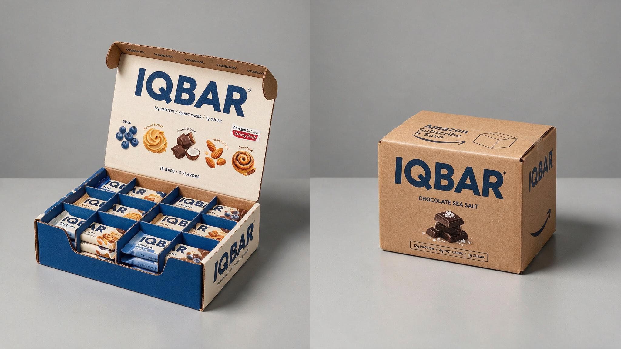 Side-by-side comparison of Costco variety pack and Amazon single-flavor box of IQBARs.